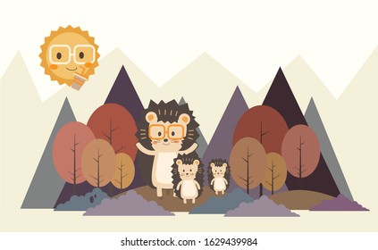 Cute porcupine and family vector design in the forest illustration flat and minimal style