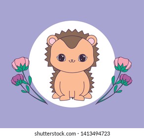 cute porcupine in frame circular with flowers