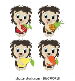 cute porcupine with fruits, simple vector illustration