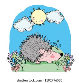 cute porcupine with happy sun and clouds