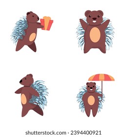Cute porcupine icons set cartoon vector. Funny porcupine with umbrella and gift. Cartoon character