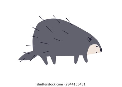 Cute porcupine walking. Happy funny adorable kawaii baby animal in Scandinavian style. Nursery nordic fauna. Kids childish Scandi flat vector illustration isolated on white background