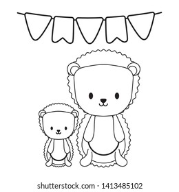 cute porcupines with garlands hanging isolated icon