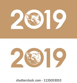 Cute Pork Zodiac Sign or pig silhouette vintage emblem or Chinese symbol of the 2019 Happy New Year isolated on white background. Can be used on greeting card or poster design, gift t-shirts and web
