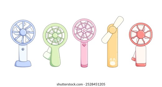 Cute portable electric fan. Cartoon vector illustration set of handheld and stand summer cooling device with propeller. Small air ventilation climate equipment. Handy electronic mini ventilator.