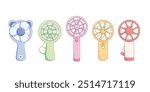 Cute portable handheld electric fan. Cartoon vector illustration set of summer childish hand mini ventilator for air cooling and blowing. Climate equipment with propeller for cool wind airflow.