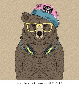 cute portrait of bear with headphones, hand drawn graphic, kid print svg