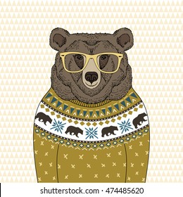 cute portrait of bear in jacquard pullover, hand drawn graphic, kid print