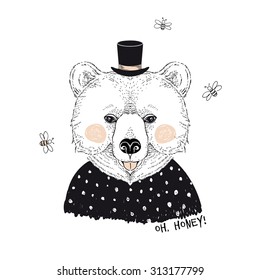 cute portrait of bear in tall hat, hand drawn graphic, kid illustration