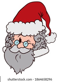 Cute portrait of a bearded Santa Claus winking at you wearing a fluffy hat and glasses.