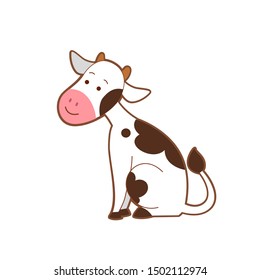 Cute portrait of cartoon cow sitting on white background