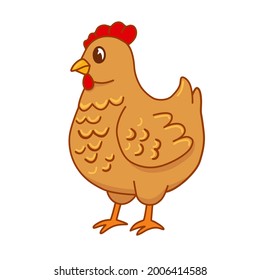 Cute portrait of cartoon farm hen on white background. Vector illustration of chicken for children's books and magazines, stickers, manuals