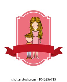 cute portrait cartoon mom and son in label retro style