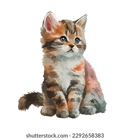 Cute portrait of cat watercolor isolated on white background. Kitty cartoon watercolor graphic vector illustration