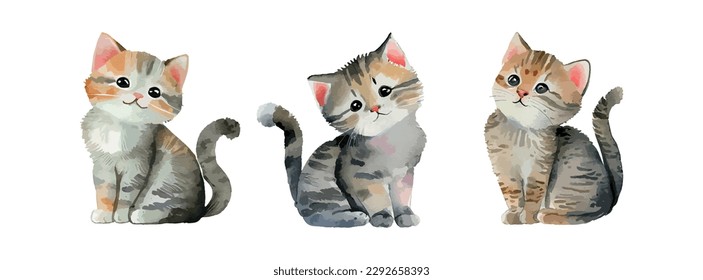 Cute portrait of cat watercolor isolated on white background. Kitty cartoon watercolor graphic vector illustration