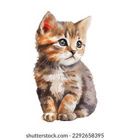 Cute portrait of cat watercolor isolated on white background. Kitty cartoon watercolor graphic vector illustration