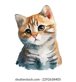 Cute portrait of cat watercolor isolated on white background. Kitty cartoon watercolor graphic vector illustration