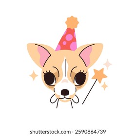 Cute portrait of chihuahua in wizard cap. Avatar of happy toy terrier with magic wand and magician carnival costume. Muzzle of little dog, funny puppy. Flat isolated vector illustration on white