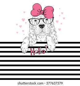 cute portrait of Cocker Spaniel doggy girl on stripy background, girl t-shirt print illustration