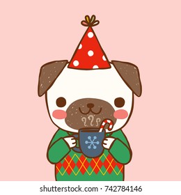 Cute portrait dog wearing sweater, party hat and holding cup of hot chocolate. Greeting card, postcard, party invitation, poster for christmas and new year. Flat design. Vector illustration.
