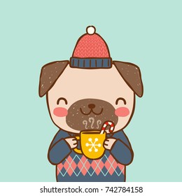 Cute portrait dog wearing sweater, knitted hat and holding cup of hot chocolate. Greeting card, postcard, party invitation, poster for christmas and new year. Flat design. Vector illustration.
