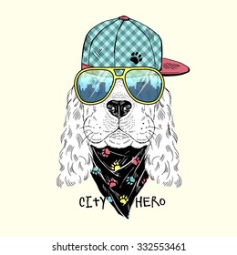 cute portrait of doggy dressed up in urban style, hand drawn graphic, animal illustration