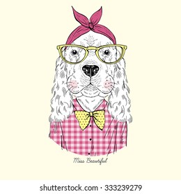 cute portrait of doggy girl hipster, hand drawn graphic, animal illustration