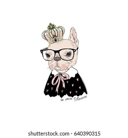 cute portrait of doggy princess, hand drawn animal illustration