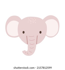 Cute Portrait Elephant Head In Flat Style. Drawing Baby Wild Elephant Face Isolated On White Background. Vector Sweet Elephant For Kids Poster And Card. Jungle Animal
