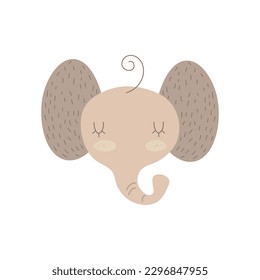 Cute portrait elephant head in flat style. Drawing baby wild elephant face isolated on white background. Vector sweet elephant for kids poster and card. Jungle animal EPS