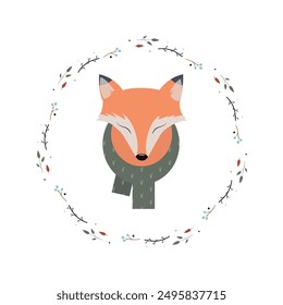 Cute portrait of a fox wearing a winter scarf print. Autumn is approaching. I really want warmth and comfort.