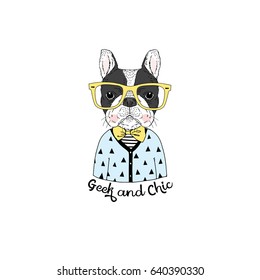 cute portrait of geek French bulldog, hand drawn animal illustration