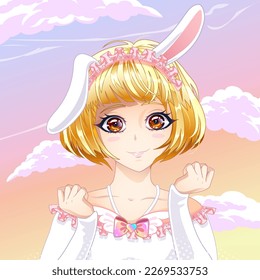 Cute portrait of a girl with banni ears. Vector illustration in anime style.