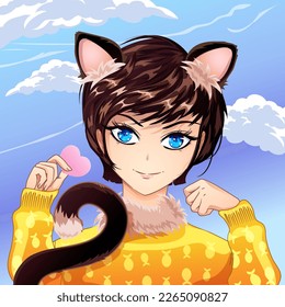 Cute portrait of a girl with cat ears and tail. Cat girl is holding a valentine. Vector illustration in anime style. svg