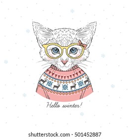 cute portrait of kitten girl dressed up in cozy jacquard pullover, hand drawn graphic, kid print,  hello winter