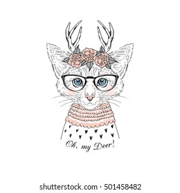 cute portrait of kitten girl wearing rose garland and deer horns, hand drawn graphic, kid print, oh my deer