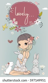 cute portrait of little girl with white hares