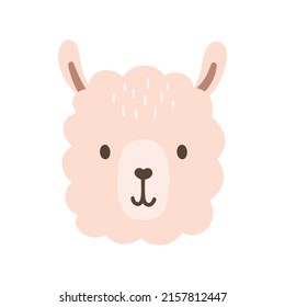 Cute portrait llama head in scandinavian style. Drawing baby alpaca face isolated on white background. Vector sweet alpaca for kids poster and card.