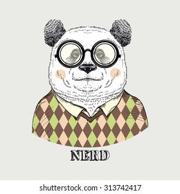 cute portrait of nerdy panda boy in argyle pullover, hand drawn graphic, kid print