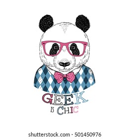 cute portrait of nerdy panda, hand drawn graphic, kid print