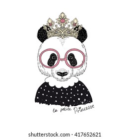 cute portrait of panda princess, hand drawn graphic, kid print