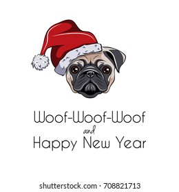 Cute portrait of Pug dog. In a Sants Claus Hat. Xmas Vector illustration isolated on white background