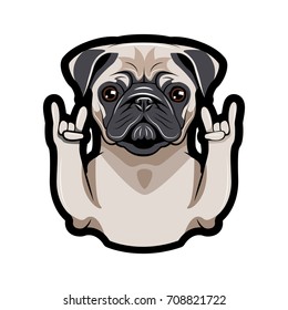 Un retrato lindo del perro Pug. Signo de los cuernos. Ilustración de vectores aislada en fondo blanco