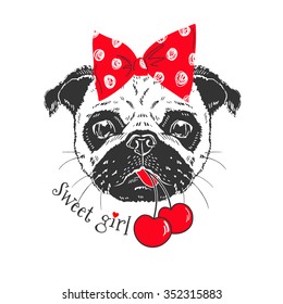 cute portrait of pug doggy girl with cherries and big bow, hand drawn graphic, kid print, silk screen