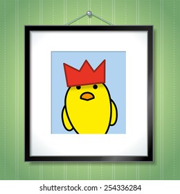 Cute Portrait of Single Yellow Chick Wearing Red Party Hat in Picture Frame Hanging on Green Wallpaper Background