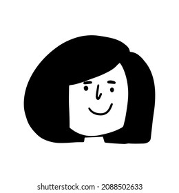 Cute portrait of smiling woman expressing favor. Good mood. Female cheerful character in cartoon style. Happy positive person face with smile. Girl icon in line art, doodle design.
