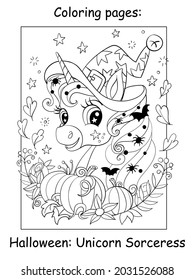 Cute portrait of unicorn in a witch costume with spiders and bats in mane, with flowers and pumpkins. Halloween concept. Coloring book page for children.Vector cartoon illustration.For print and decor