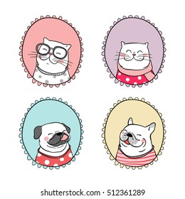 Cute portrait vector illustration of pug dog,cat in sweet frame and beauty scarf,sweater,doodle style.