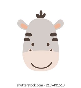 Cute portrait zebra head in flat style. Drawing animal face isolated on white background. Vector illustration for kids poster and card. Jungle animal