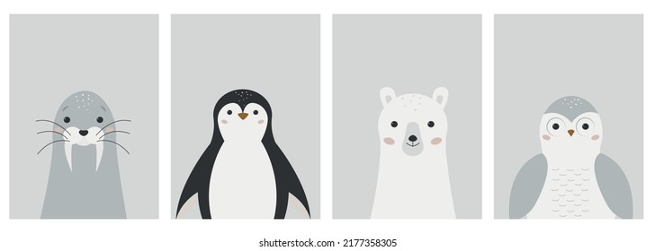 Cute portraits of Arctic animals. Cartoon walrus, polar bear, polar owl and penguin. Wall art nursery. Set baby posters. Hand drawn kids print. Minimalistic Scandinavian design